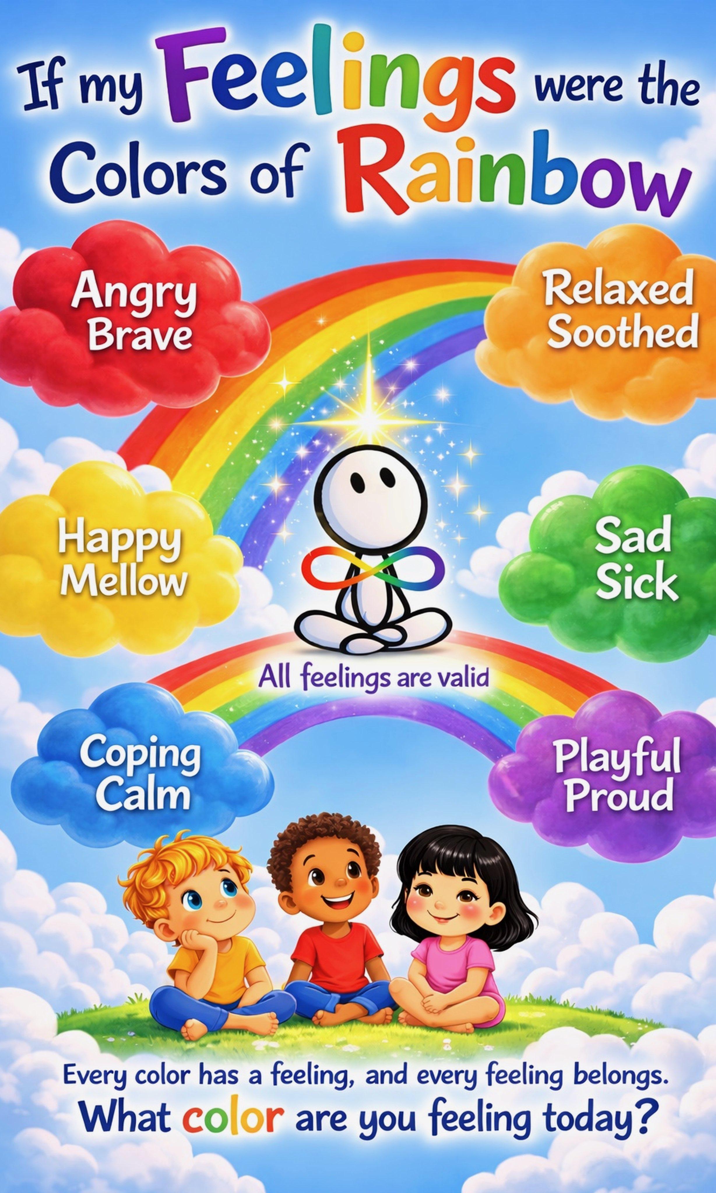 A rainbow of feelings: red for angry and brave, orange for relaxed and soothed, yellow for happy and mellow, green for sad and sick, blue for coping and calm, purple for playful and proud — with the three friends of the Rainbow Series sitting beneath the rainbow.