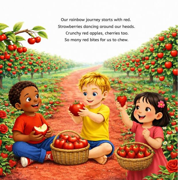 Interior page: strawberries, crunchy red apples and cherries along the red part of the road.
